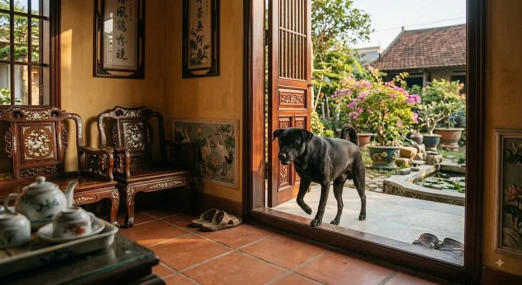 Chó đen vào nhà