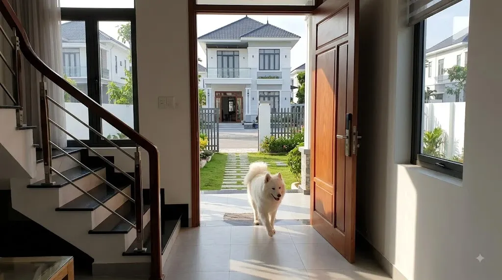 Chó trắng vào nhà