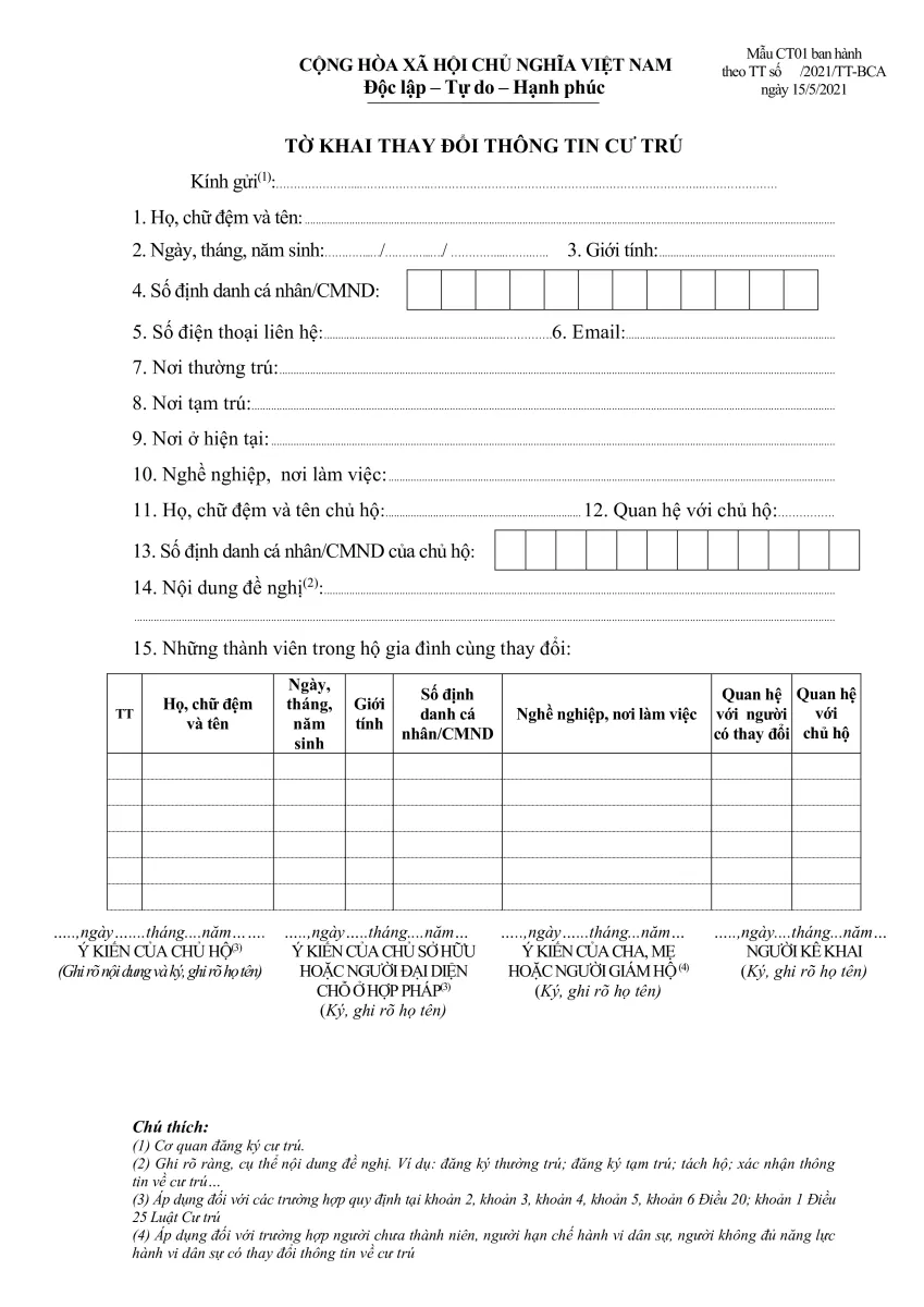 Mẫu đăng ký tạm trú CT01