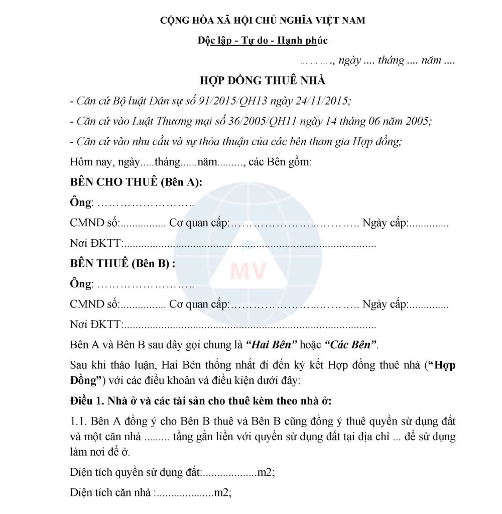 mẫu hợp đồng thu&ecirc; nh&agrave; nguy&ecirc;n căn đơn giản