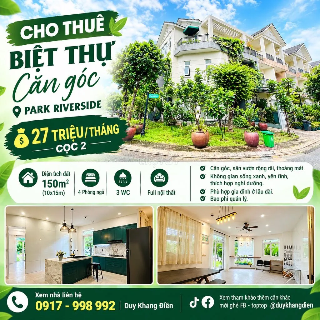 CĂN GÓC SÂN VƯỜN PARK RIVERSIDE Q9 11X15M - TIỆN Ở HOẶC LÀM VP CÔNG TY