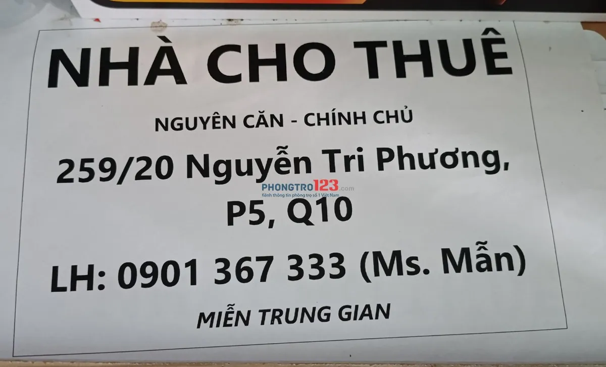 Cho thuê nhà nguyên căn hẻm xe hơi Quận 10Gần trường đại học kinh tế UEH